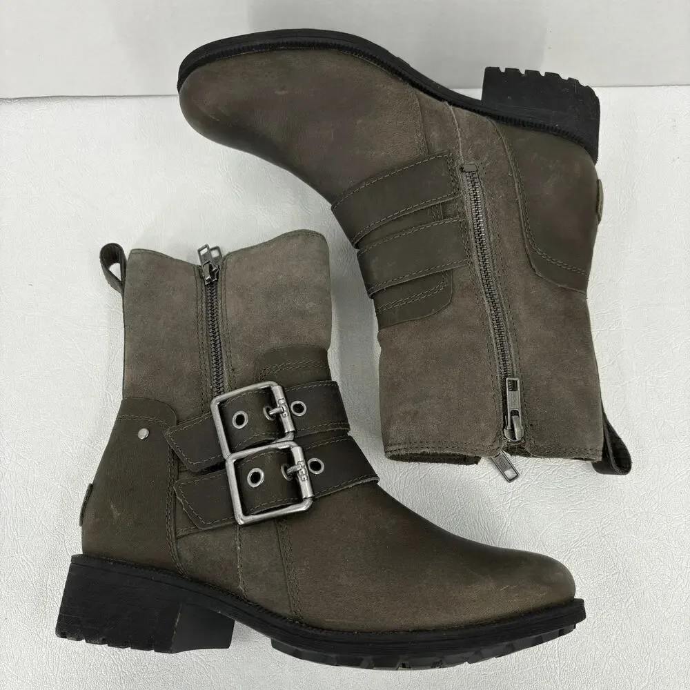 UGG Wilde‎ Moto Buckle Boots Women's Size 5.5 Waterproof Leather Suede Wool
